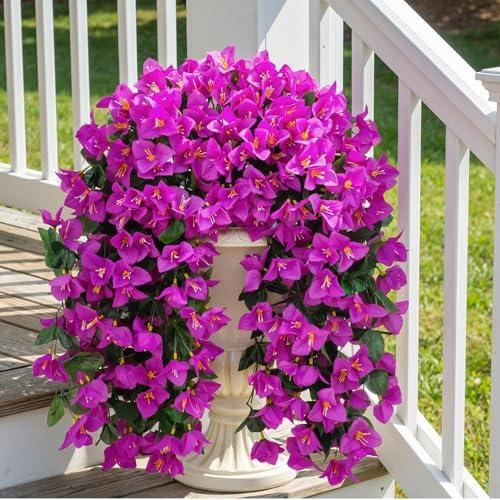 Artificial Bougainvillea Flowers Plants for Outdoors Decoration, 4 Pcs Faux Silk Hanging Flowers Long Trailing Fake Vines for Front Door Porch Planter Balcony Patio Summer Spring Home Decor, Fuchsia