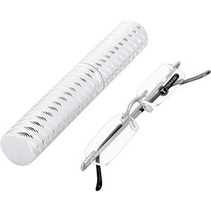 TERAISE Upgrade Lightweight Reading Glasses Frameless Readers clear lens for Men and Women w/Pen Clip Tube Case (Silver) +2.0