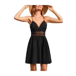 OPOIPIN Women's Lace Trim V Neck Spaghetti Strap Mini Dress Backless Sleeveless A Line Flare Ruffle Swing Skater Dress Black X-Small