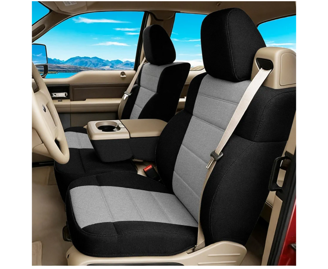 ESMING 40/20/40 Durable Oxford Fabric Front Split Bench Seat Covers for Ford F150 XL Standard Cab 2004 2005 2006 2007 2008 with Integrated Seatbelts & Solid Armrest-Gray