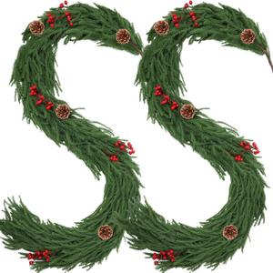 2 Pack 6FT Christmas Norfolk Pine Garlands with Pine Cone Real Touch Christmas Garland Artificial Greenery Garland for Fireplace, Table, Wall, Stairs, Outdoor Holiday Dcor