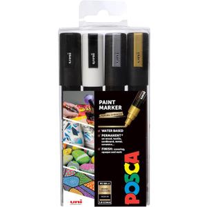 posca Markers Set, 4 Medium Paint Markers 5M  Mono Tones  Black, White, Gold, Silver