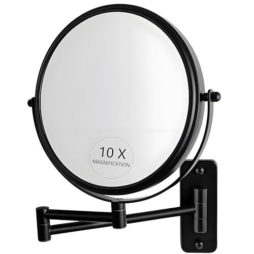 JANEEVA 8" Wall Mounted Makeup Mirror, 1X/10X Magnifying Mirror with 360° Extendable Arm, Double Sided Bathroom Vanity Mirror for Man & Woman (Matte Black)