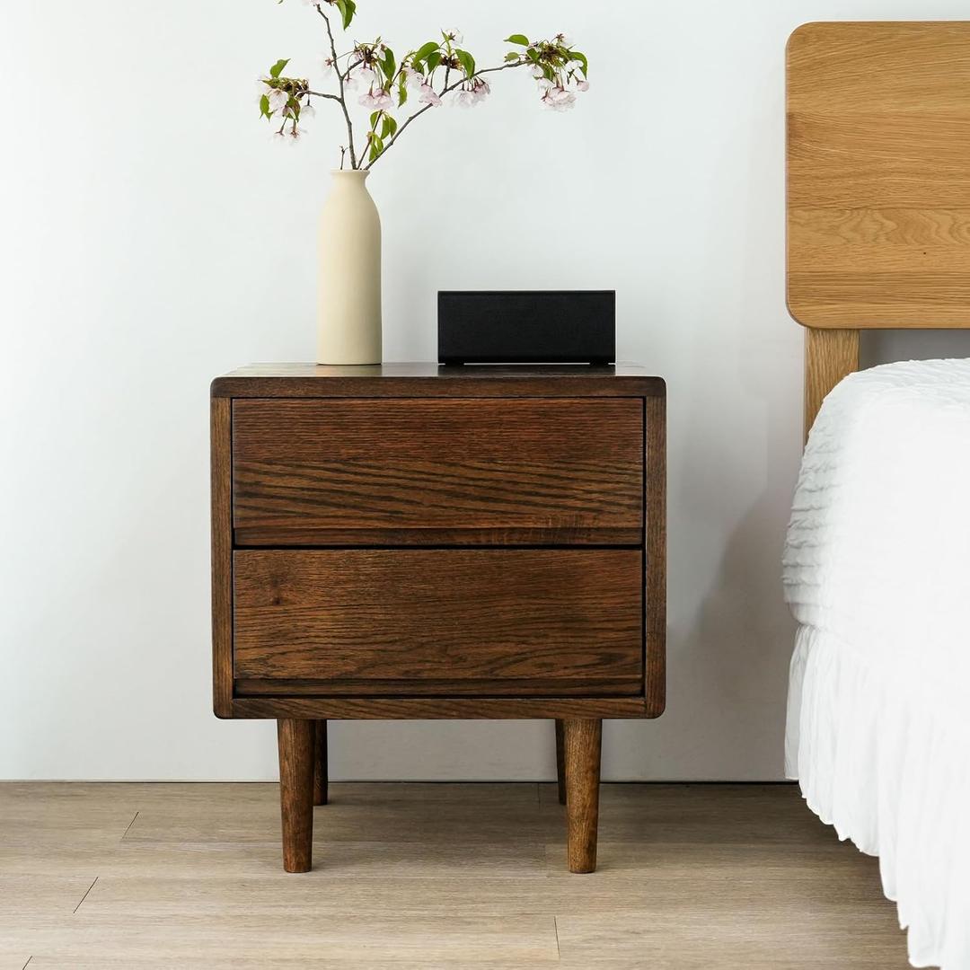 Mid Century Modern Nightstand with 2 Drawers - Boho Style, Small Size, Oak Wood, 17.72 W x 15.75 D x 19.69 H Inches(Walnut)