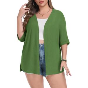 Lastshe Womens Plus Size Cardigan Short Sleeve Lightweight Loose Cover Ups Open Front Sweaters Summer Cardigan (Green, XXXL)