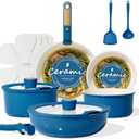 CAROTE 15Pcs Ceramic Cookware Set, Pots and Pans Set Non stick, Non Toxic Cookware Detachable Handle, Induction Cookware, Dishwasher/Oven Safe, RV/Camping, PFAS Free, Blue&Gold