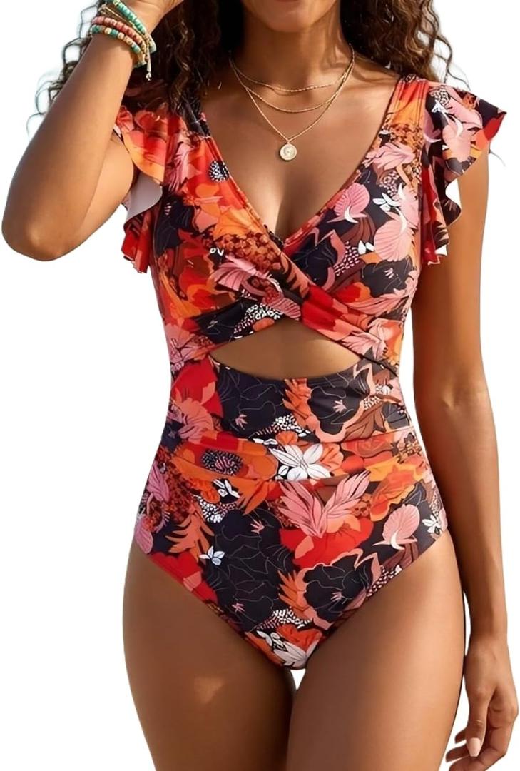 B2prity One Piece Swimsuits for Women Ruffle Sleeve V Neck Bathing Suit Tummy Control Cutout Monokini Slimming Swimwear (M)