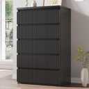 Jocoevol Fluted 5 Drawer Dresser, 43" Tall Dresser Chest of Drawers Curved Profile Design, Wood Mid Century Vertical Dresser Natural Texture for Bedroom, Black Dresser, 15.4"D x 23.6"W x 43.1"H