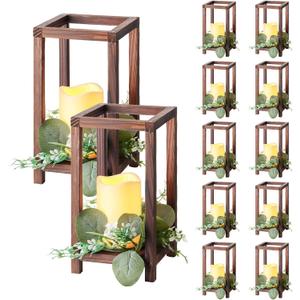 VEVOR 12 Set/36 Pcs Wooden Wedding Lantern Centerpiece, Includes 12 Wooden Lantern Candle Holder 12 Flameless LED Candle 12 Eucalyptus Leaves Wreath for Wedding Table Party Farmhouse Decor, Brown