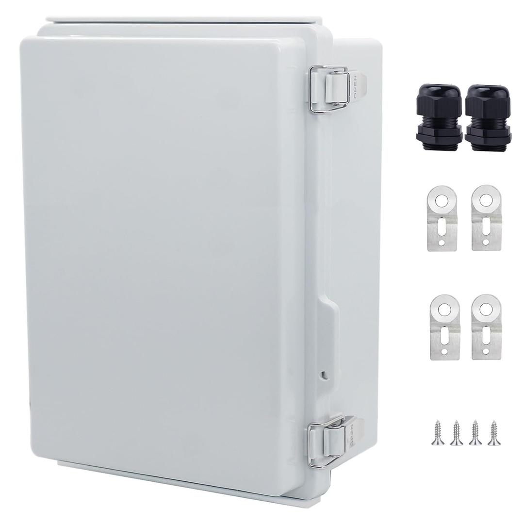 IP67 Waterproof Junction Box, ABS Plastic Electrical Enclosure with Stainless Steel Latch, Hinged Cover Electric Box with Mounting Plate, Wall Brackets & Cable Glands 280x190x130mm (11"x7.5"x5.1", Grey)