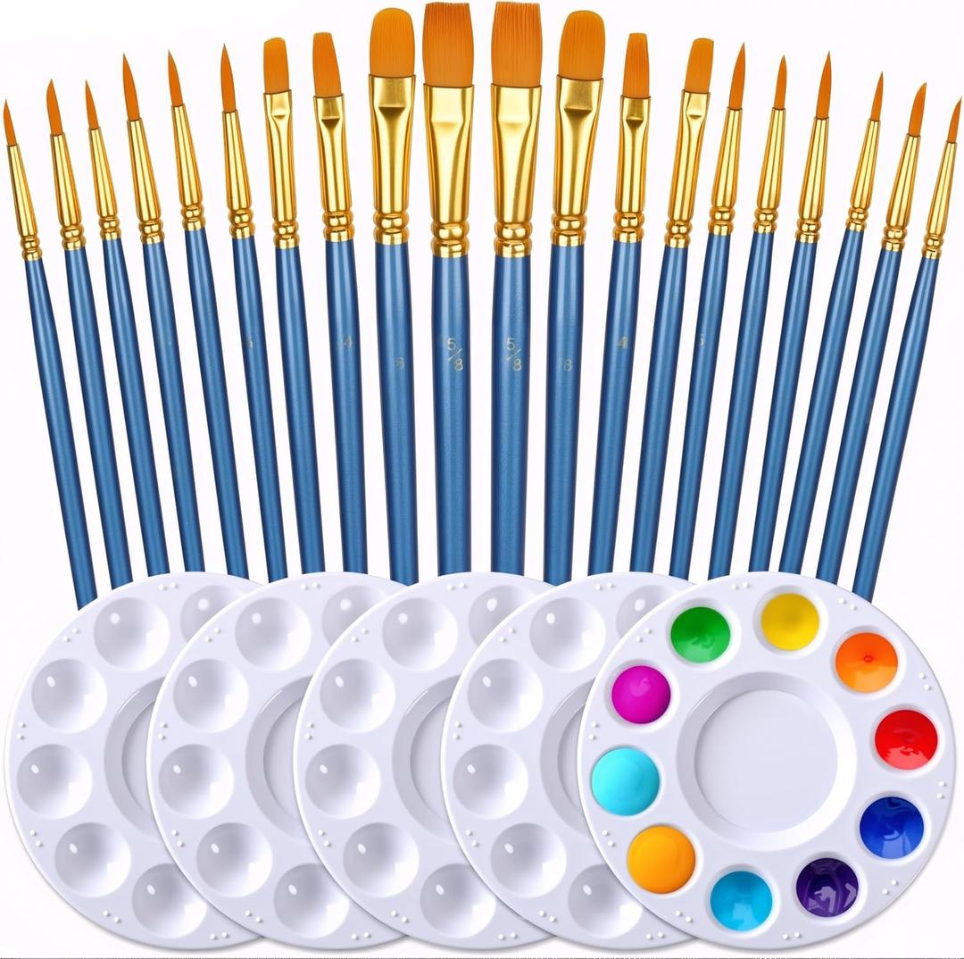 DUGATO Artist Paint Brush & Palette Set - 20 Nylon Brushes (Assorted Sizes & Shapes) with 5 Mixing Trays - Ideal for Acrylic, Watercolor, Oil & Gouache Painting (Blue)