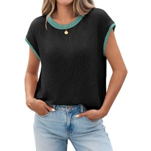 Tankaneo Womens Summer Color Block T-Shirts Cap Sleeve Textured Ribbed Knit Tees Casual Ringer Crew Neck Loose Fit Tops (Black) Larg