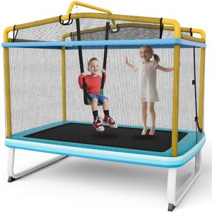 Goplus 6FT Kids Rectangle Trampoline, 75 ASTM Approved Recreational Trampolines with Swing, Horizontal Bar, Mini Toddler Trampoline w/Enclosure Net, Seamless Cover, Outdoor Indoor (Blue+Yellow)