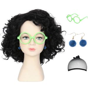 M MISS U HAIR Missuhair Kids Costume Wig for Girls with Green Glasses Earrings Short Black Curly Halloween Cosplay Wig
