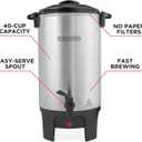 BLACK+DECKER 40 Cup Coffee Urn, Fast Brewing, Aluminum, Keep Warm Function, Heat Resistant Handles, Indicator Light