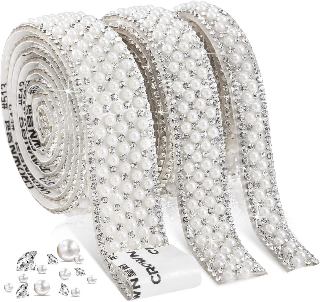 Outus 3 Rolls Pearl Stickers Ribbon Self Adhesive Rhinestone Pearl Wrap Roll Crystal Tape Strips Trim for DIY Crafts Wedding Birthday Party Decoration(Staggered Style)