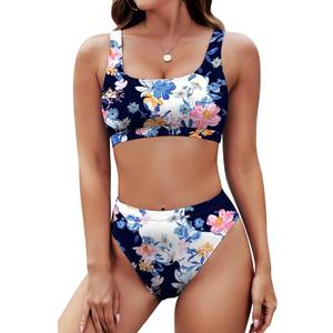 Pink Queen Women's Crop Top High Waisted Cheeky Bikini Set Two Piece Swimsuits (S, Floral Navy Blue)