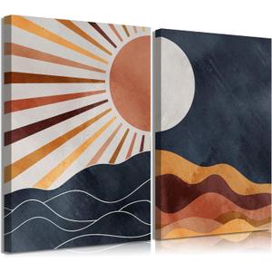 2Pcs Boho Sun and Moon Canvas Wall Art Painting Abstract Mountains Poster Prints Sun and Moon Pictures Medieval Modern Wall Decor for Living Room Bedroom 12x16in Framed