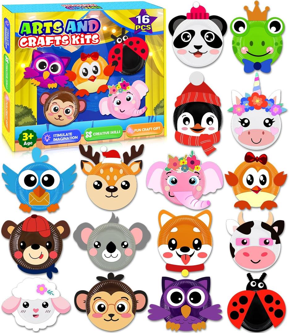 16 Pack Arts and Crafts for Kids, Toddler Crafts Animal Paper Plate Art Kit Gift for 3 4 5 6 Year Old Boys Girls DIY Kids for Birthday Party Favor Preschool Classroom Party Games