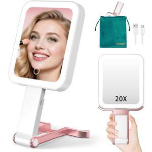 Mocado Travel Makeup Mirror with Lights,20X/1X Magnifying Mirror with Light, Double Sided Travel Mirror with 3 Color Light,Dimmable Touch,Lighted Makeup Mirror for Tabletop,Handheld,Hanging(Rose Gold)