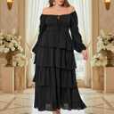 EYWOL Womens Plus Size Floral Tiered Ruffle Long Sleeve Evening Party Wedding Guest Dress (Black, M)