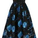 DRESSFO Women's Vintage Sundress Cottagecore Rose Flower Leaf Printed Lace Up Chiffon Tank Cami Dress (Black, XL)