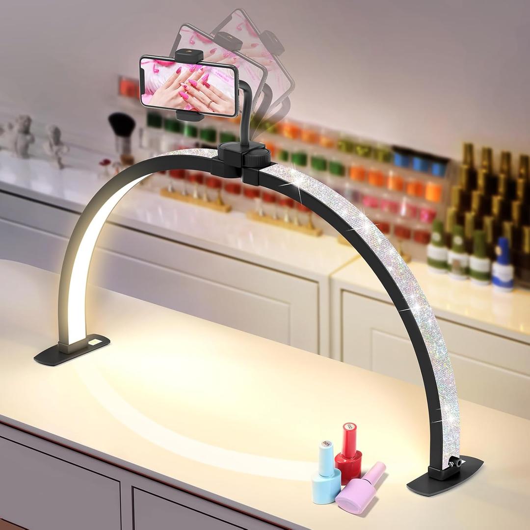 Half Moon Light for Nail Desk: 29" Foldable Half Moon Nail Desk Lamp with Phone Holder for Beginner - Arch Tech Light with 3 Color Modes & 10 Brightness for Manicure Salon (Black Diamond, Large)