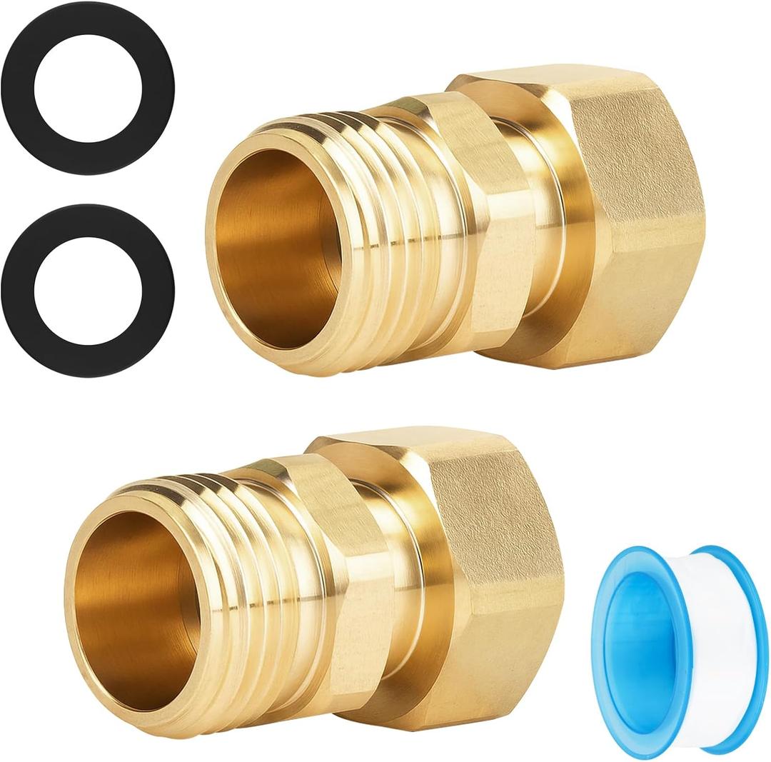 Garden Hose Swivel Connector,3/4 GHT Female to 3/4 Male Water Hose Adapter for 180 - 360 Swivel Faucet Brass Fittings - 2 Pack + PTFE Leak Proof Tape + Washer