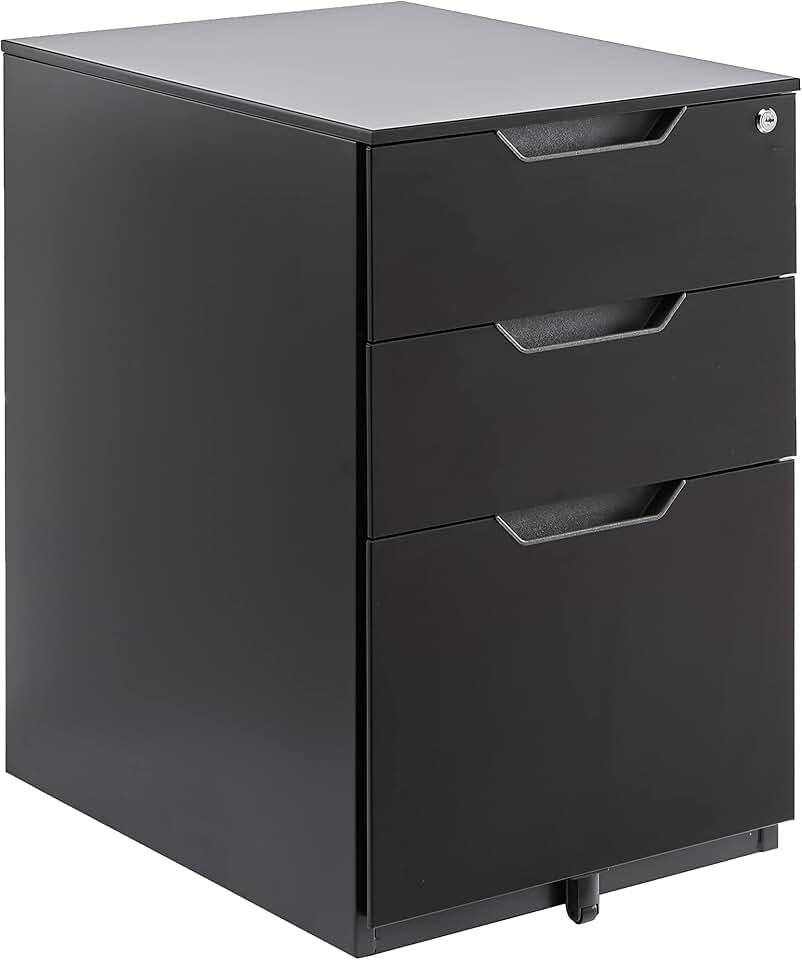 Amazon Basics 3-Drawer Mobile File Cabinet with Lock, Rolling Filing Cabinet for Hanging Files, Black, 20.71" D x 15.51" W x 24.29" H | With Lock, 3 Drawer