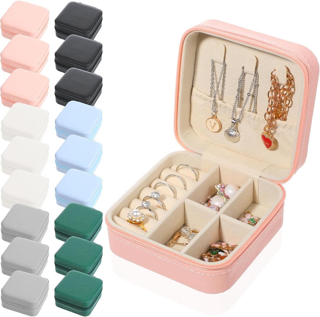 18 Pcs Travel Jewelry Case, 3.9 x 3.9 x 1.96 Inch Small Jewelry Storage Box PU Leather Portable Earring Organizer Box for Jewellery, Ring, Earring, Necklace (6 Colors)