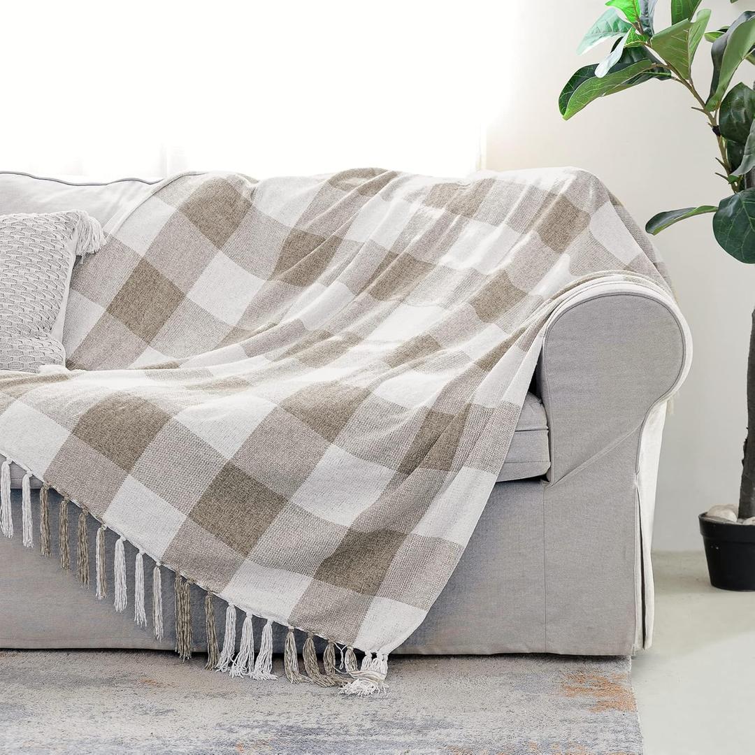 Beige White Buffalo Plaid Decor Blanket, Lightweight Soft Chenille Check Knitted Rustic Farmhouse Throw with Tassels for Couch Sofa Chair Bed Office Home, Tan and Ivory, 50" x 60"