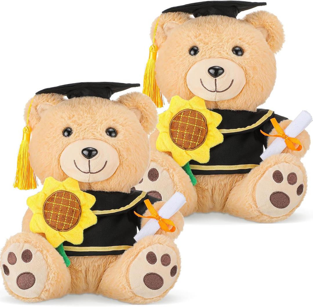 HyDren 2 Pack 10 Inch Graduation Stuffed Bear Animal, Class of 2025 Plush Bear Stuffed Animal with Graduation Cap and Sunflower Diploma for Kindergarten High School College Students Gifts (Beige)
