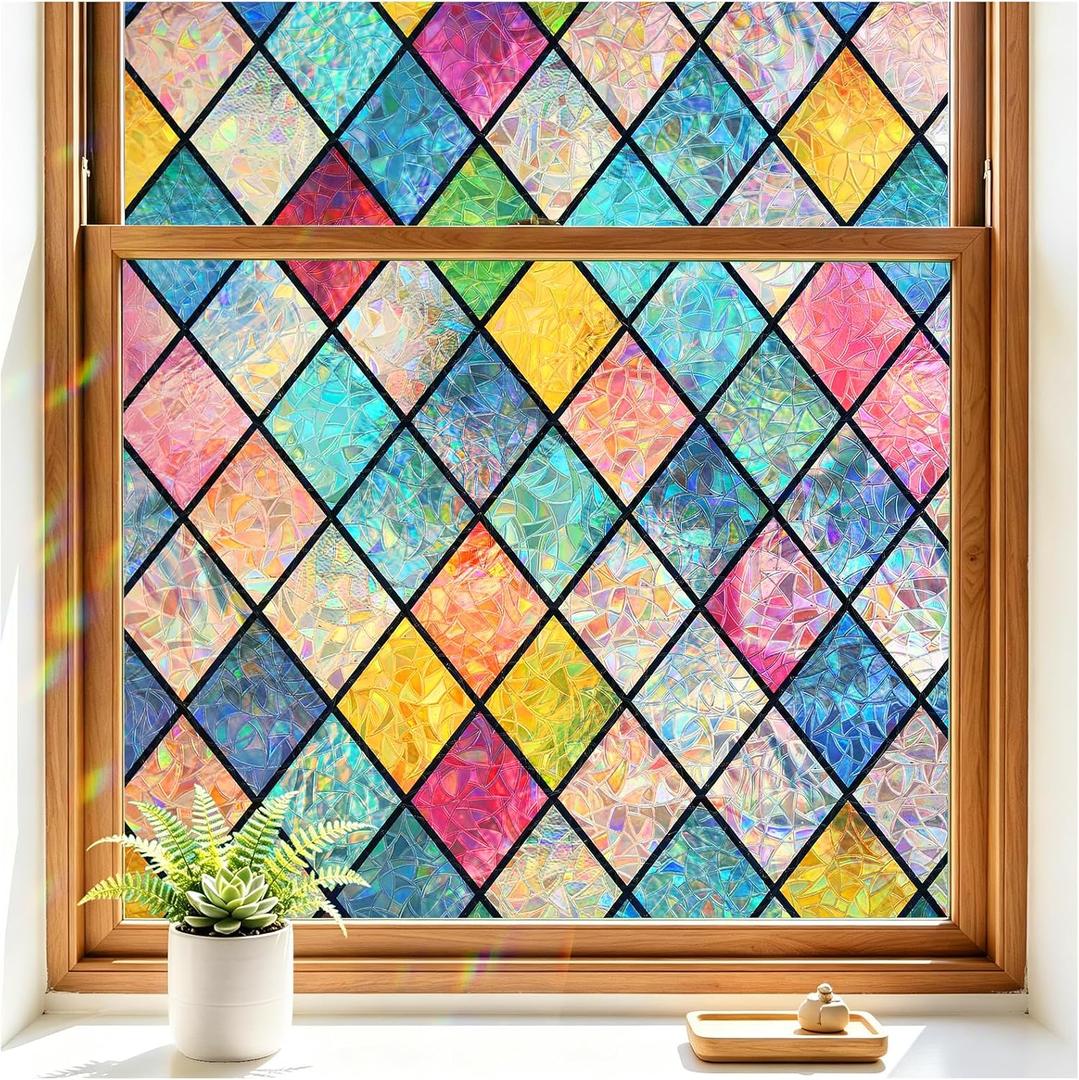 Haton Stained Glass Winodw Film, Rainbow Lattice Stickers, 29.5" x 78.7" | 3D Colorful Decorative Window Cling, Static Cling Removable, Blocks UV & Heat, Privacy Decals for Home Door, No Glue