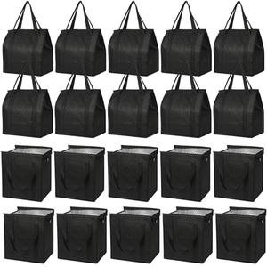 VZZNN 20 Pcs Insulated Shopping Bags for Groceries with Sturdy Zipper and Handles Large Foldable Washable Cooler Reusable Cooler Bags for Hot Cold Food Transport Travel Lunch (Black)