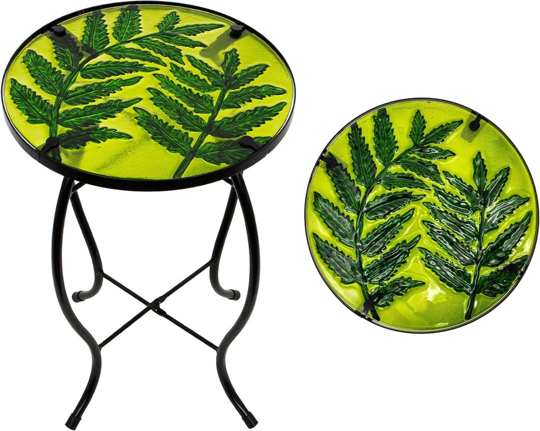 Subtropical Leaf Small Patio Table,Outdoor Side Table,Outdoor Bar Table,Metal Glass End Table for Porch Garden Yard Pool Living Room10 Inch Circle Plant Side Table-Painted Leaf Patterns (Green)