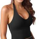 YEOREO Women's Halter Crop Top V Neck Workout Going Out Tank Top Hazel Padded Sleeveless Backless Trendy Summer Camisole (Black), Size S