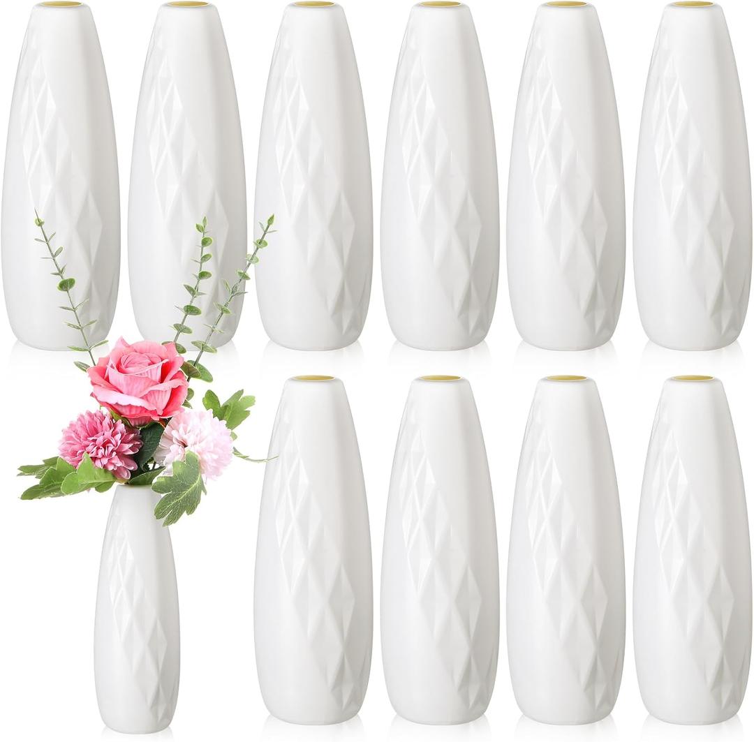 10 Pack Composite Plastic Flower Vases Bulk White Small Tall Conic Floral Vases for Centerpieces Unbreakable Bud Vase for Wedding Party Living Room Decor (Elegant)