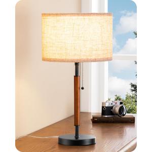 EDISHINE Mid Century Table Lamp, Pull Chain Switch Bedside Lamp with Linen Shade, Solid Wood Pole & Black Metal Base, Modern Nightstand Lamp for Bedroom, Living Room, Office, E26 Base