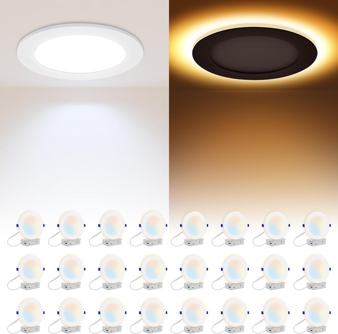 HONZIN 24 Pack 6 Inch Recessed Lighting, Ultra Thin 5CCT LED Recessed Ceiling Light with Night Light, 5 Color Temperatures Dimmable 2700K/3000K/3500K/4000K/5000K,13W, 1100LM, ETL&FCC