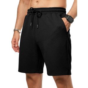 JMIERR Mens Casual 7" Shorts Summer Drawstring Elastic Waist Beach Sweat Shorts Texture with Pockets (Black), Large
