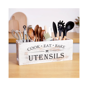 Utensil holder for Kitchen Counter Large Round Utensils Holder with Wooden Base Matte Black Cooking Utensil Holder, Kitchen countertop Utensil Organize (White-4 Compartments)