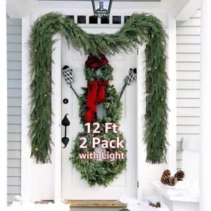 Christmas Cedar Garland Realistic with Lights - 2 Pack Cypress Decorations 12ft for Mantle Lighted Faux Pine Garlands for Home Indoor Stairs Railing Fireplace 12 Ft Outdoor Prelit Door Decor