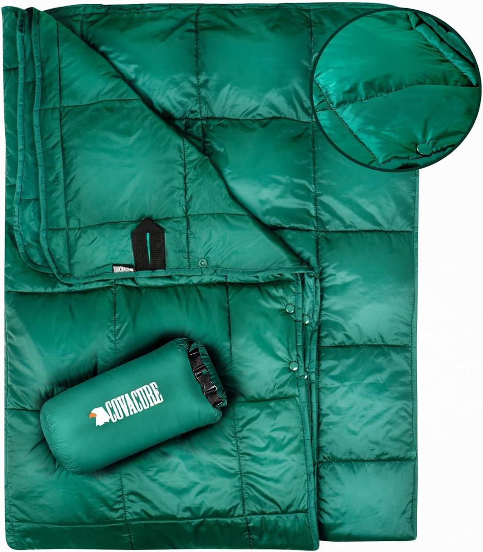 Covacure Camping Blanket - Outdoor Travel Blanket, Packable, Puffy Blanket, Lightweight & Warm Quilt for Camping, Hiking, Backpacking, Outdoors, Travel, Beach (Down Green)