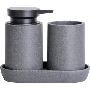 Clasin Home 3 Pcs Bathroom Accessories Set, Liquid Soap Dispenser with Large Pump, Toothbrush Holder Cup and Soap Dish, Sandstone Texture Bathroom Counter Set for Modern Home (Gray)