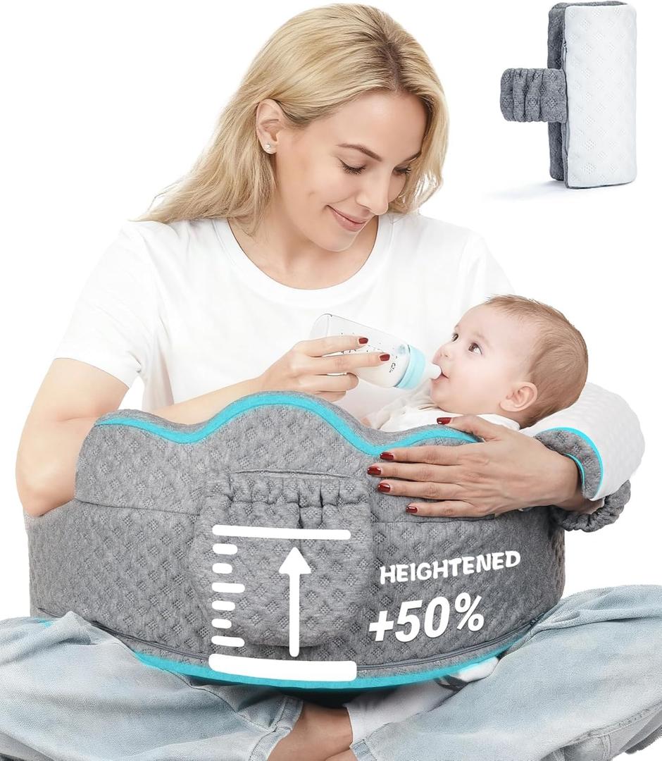 Elevated Nursing Pillow with Arm Pillow, Ergonomic Safety Memory Foam Breastfeeding Pillow, Adjustable Strap, Wider Cushion, Removable Cover & Side Pocket for Breastfeeding & Bottle Feeding