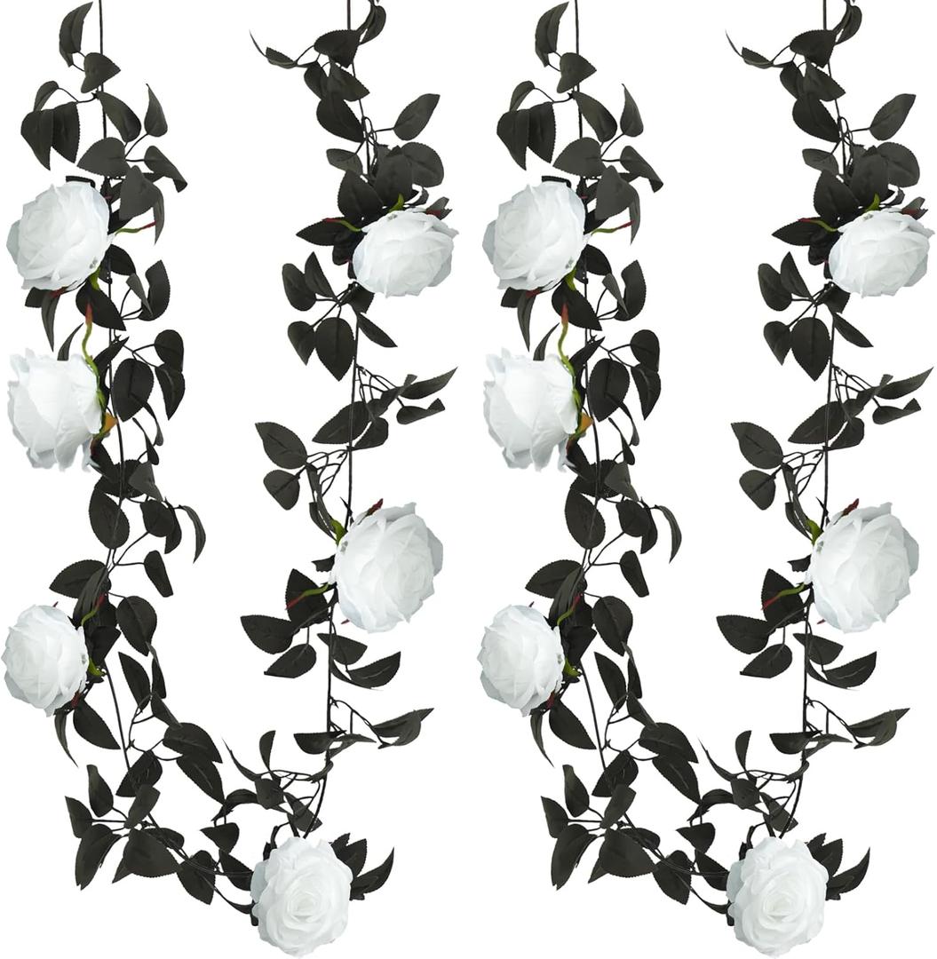 Felice Arts 2 Pack Artificial White Rose Flower Head Garland Each 6.7FT Fake Rose Vine Hanging Garland for Thanksgiving Day Door Stairs Table Centerpiece Arrangement Wall Decor