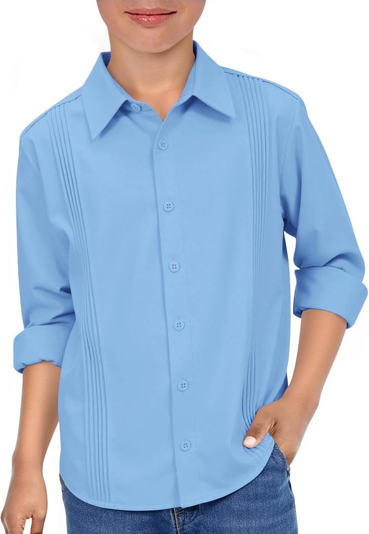 Haloumoning Boys Pleated Long Sleeve Dress Shirts Kids Button Down Collared Uniform Shirt (7-8 Years, Blue)