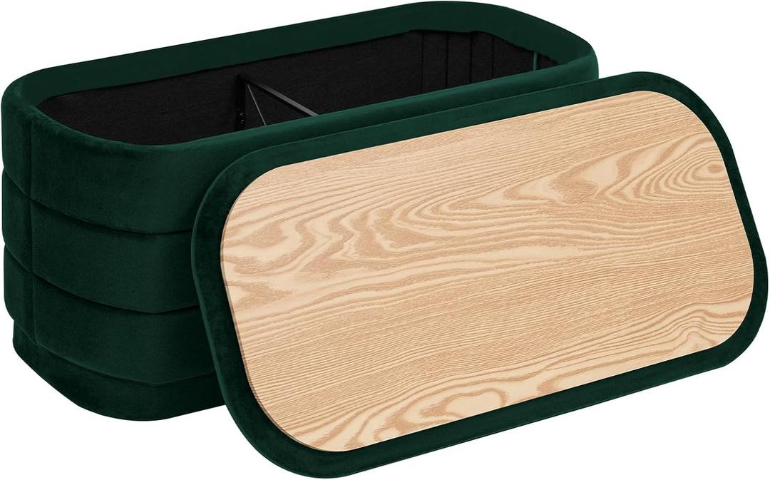 30" Velvet Storage Ottoman Bench with Wooden Tray Lid, Folding Large Upholstered Ottoman Footstool for Living Room, Rectangular Padded Foot Rest for Bedroom Living Room Dorm, Bottle Green