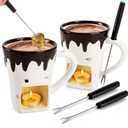 Dicunoy Set of 2 Fondue Mugs with Forks, Ceramic Personal Chocolate Melting Cup for Cheese, Individual Ceramic Butter Warmers Pot, Tealight Candle Mini Simmer Mug for Caramel, Tapas