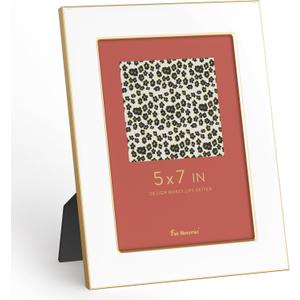 Fun Memories 5x7 Picture Frame - White Enamel Glass Photo Frame with Gold Metal Edge & Easel for Display Picture Frame on Countertops, Tabletops, Bookshelves, Desks, Walls (White W/Gold)